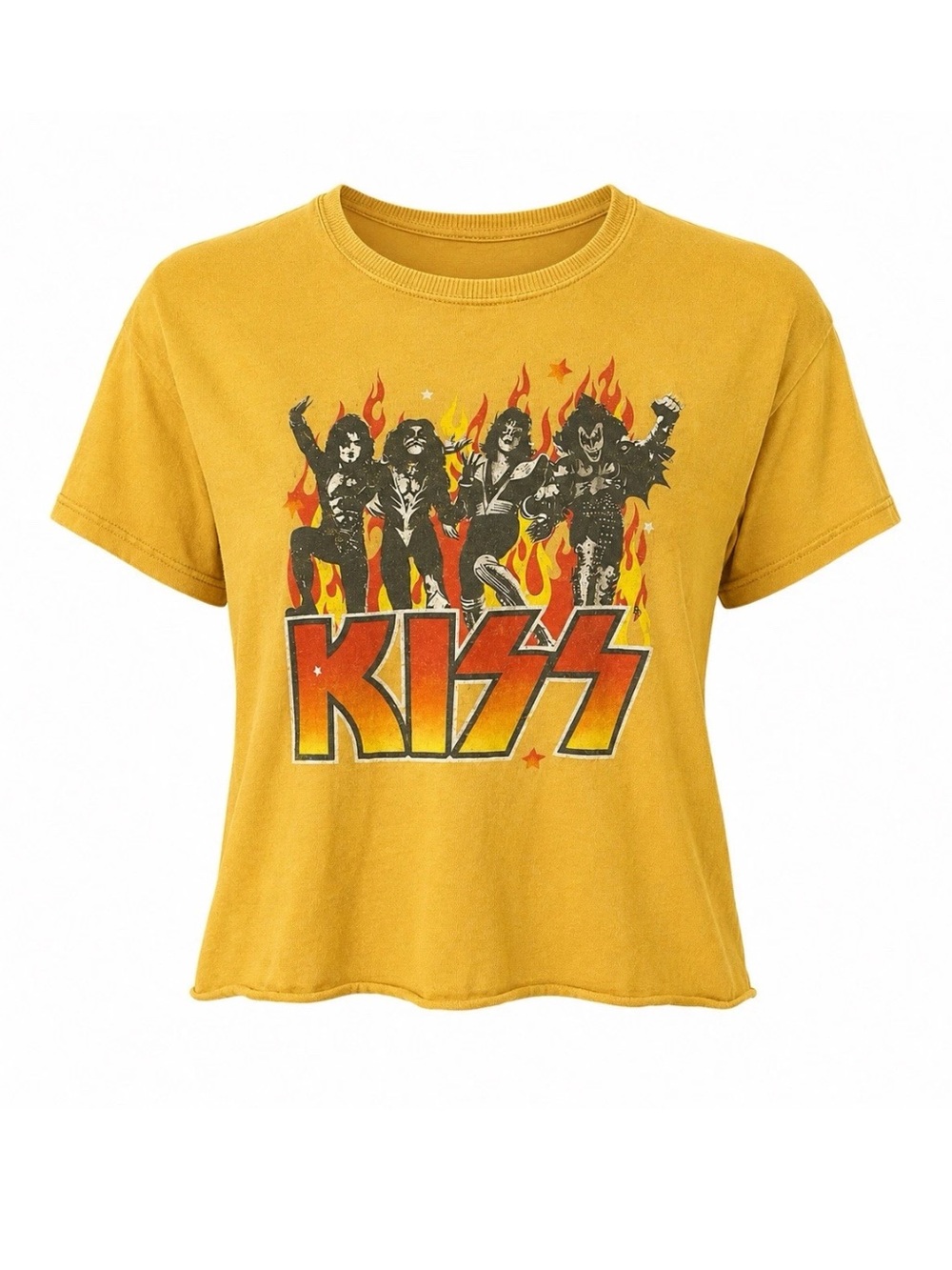 KISS Graphic Band Tee Yellow Crop T Shirt Women’s Medium Rock Band Shirt